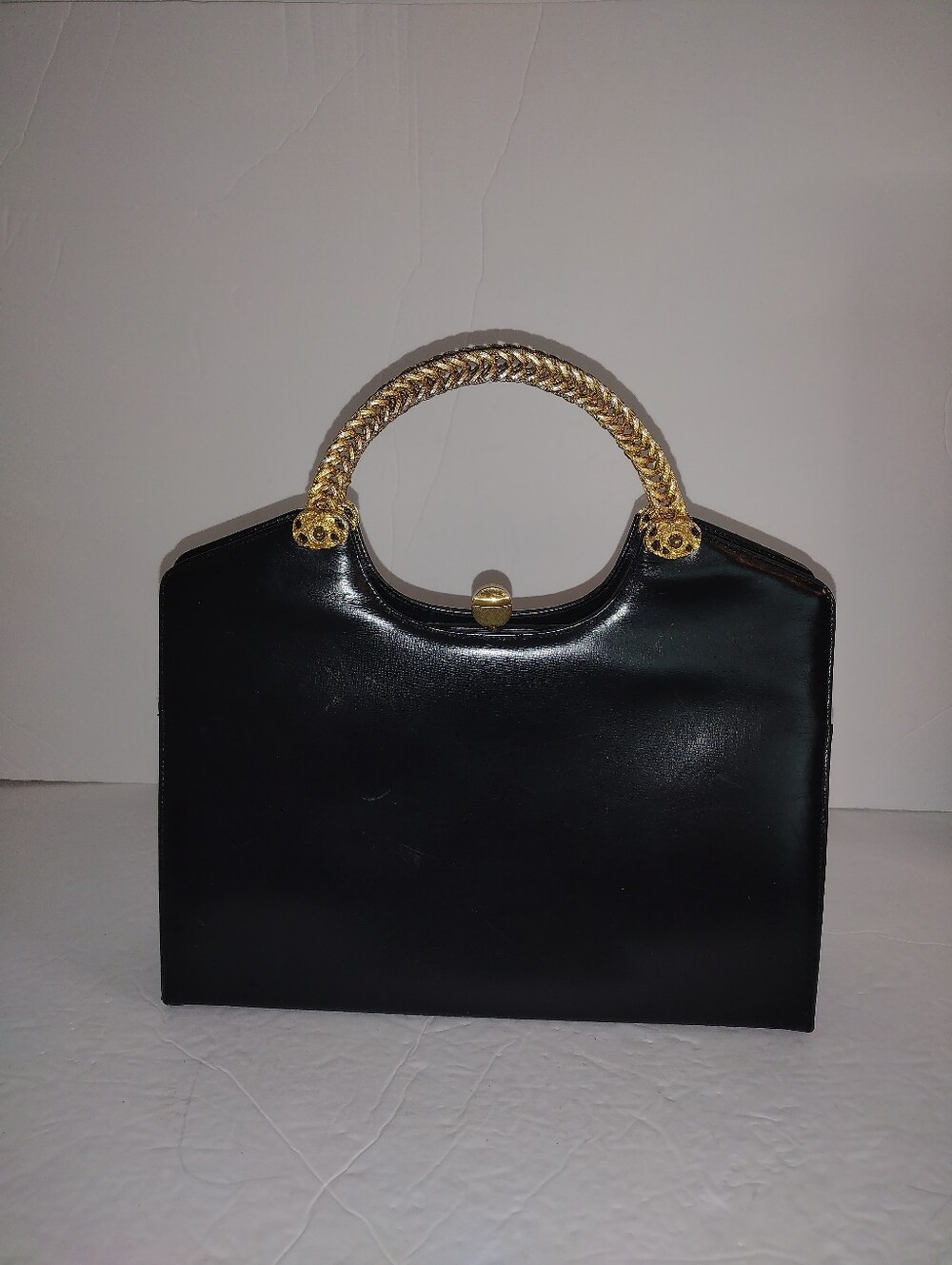 Vintage 1950s Black Leather Top Handle Handbag Gold Woven Handle Cocktail Bag - Picture 3 of 14